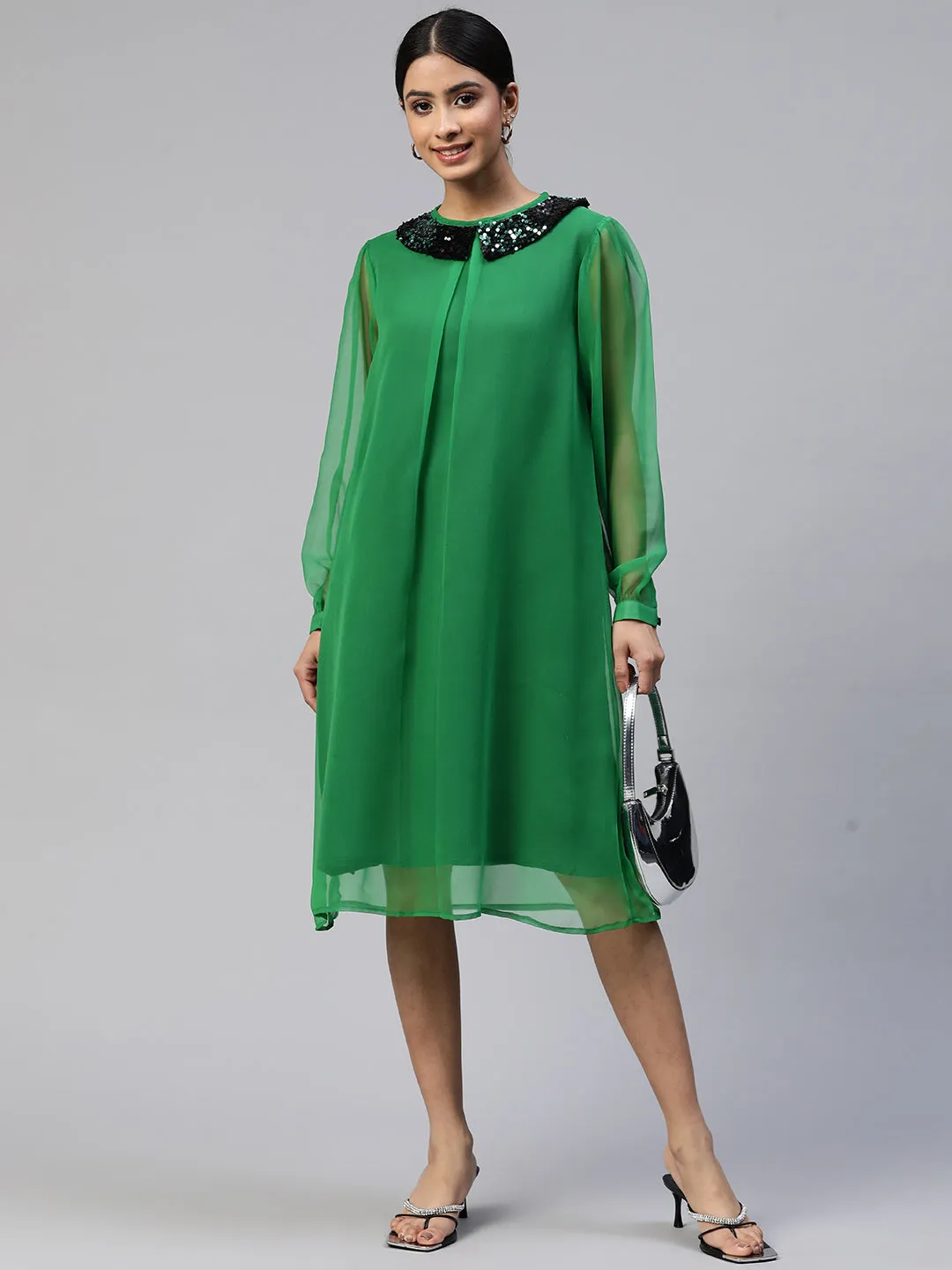 Cottinfab Peter Pan Collar Embellished Georgette A-Line Midi Dress
