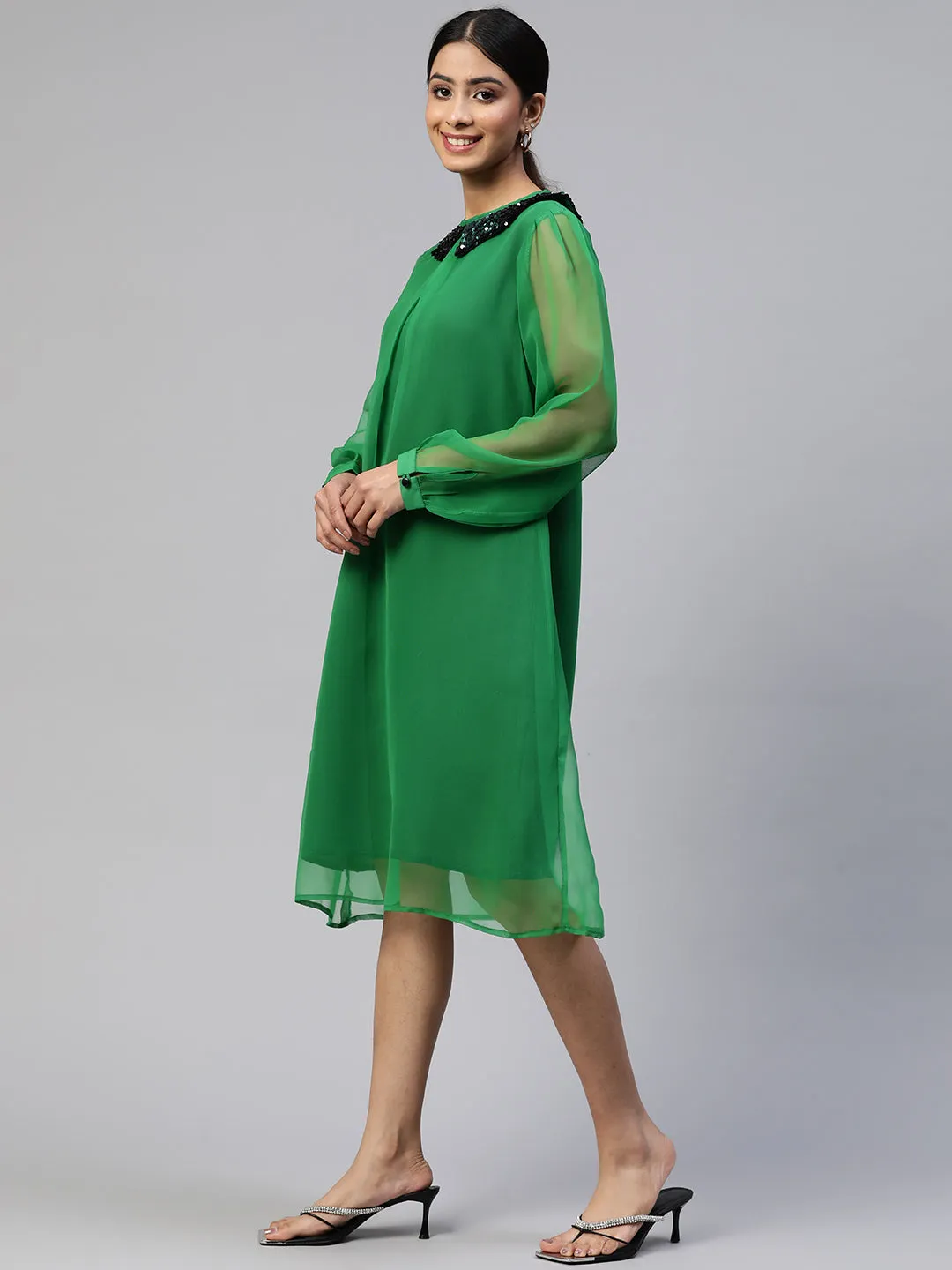 Cottinfab Peter Pan Collar Embellished Georgette A-Line Midi Dress