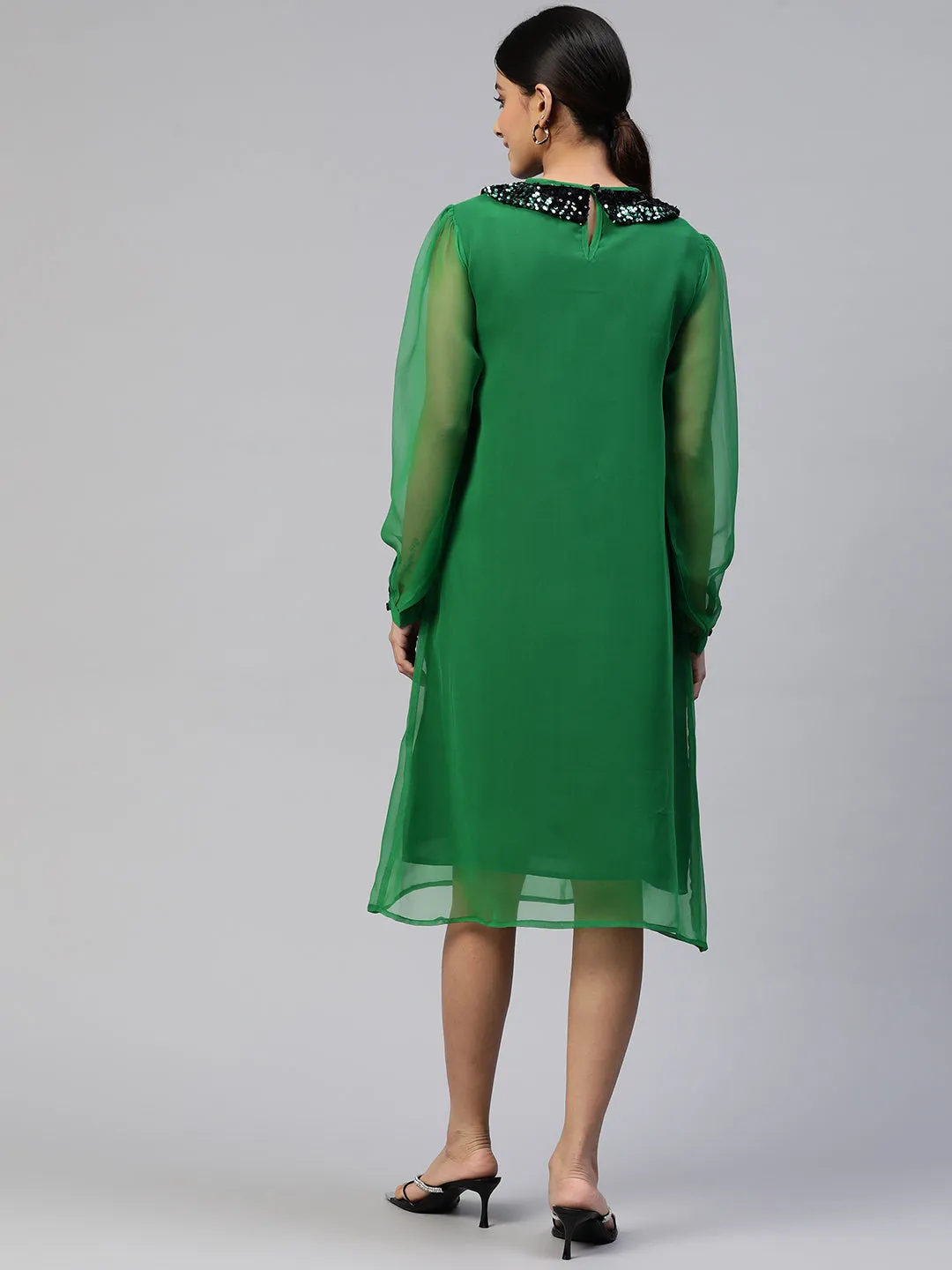 Cottinfab Peter Pan Collar Embellished Georgette A-Line Midi Dress