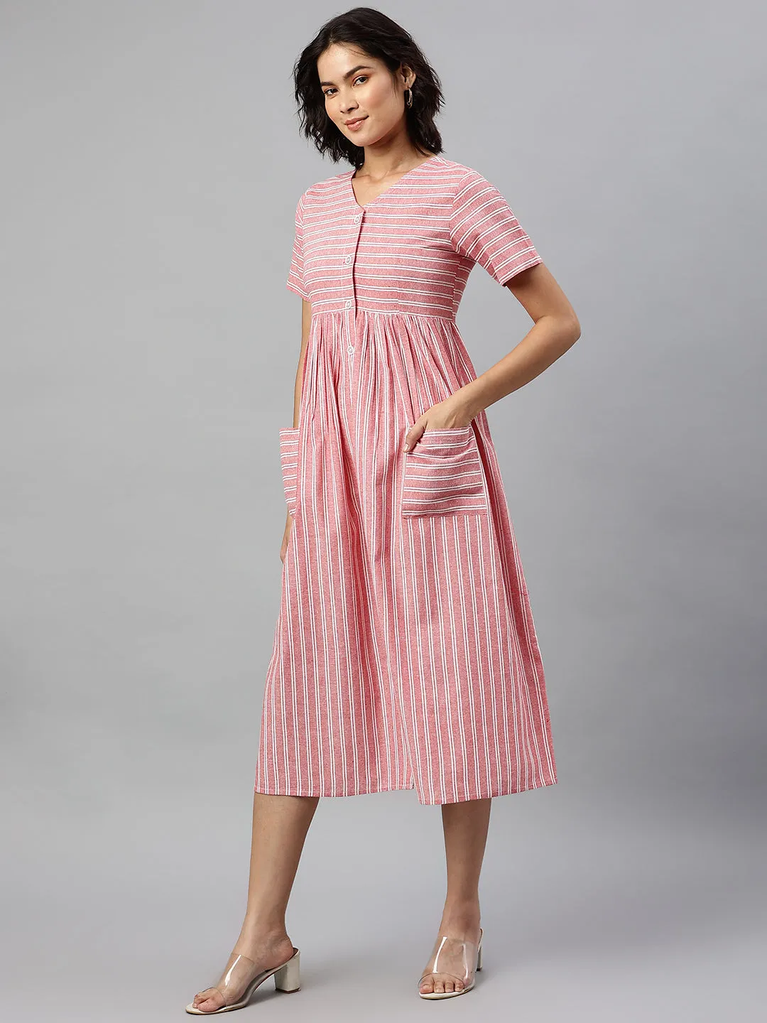 Cottinfab Red & White Striped A-Line Midi Dress