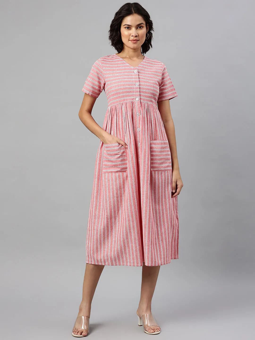 Cottinfab Red & White Striped A-Line Midi Dress