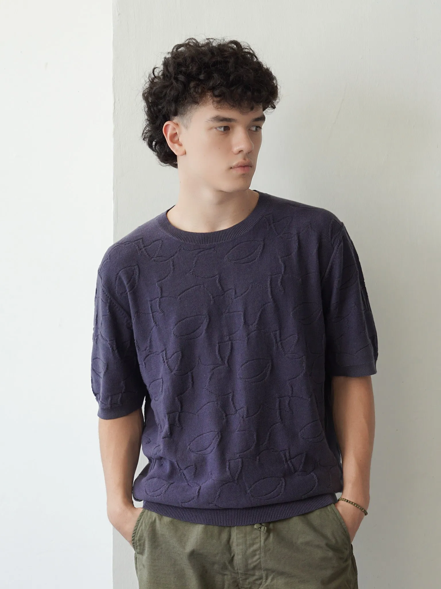 Crew Neck Summer Knit Top - Navy Crowded Daffodils