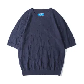 Crew Neck Summer Knit Top - Navy Crowded Daffodils