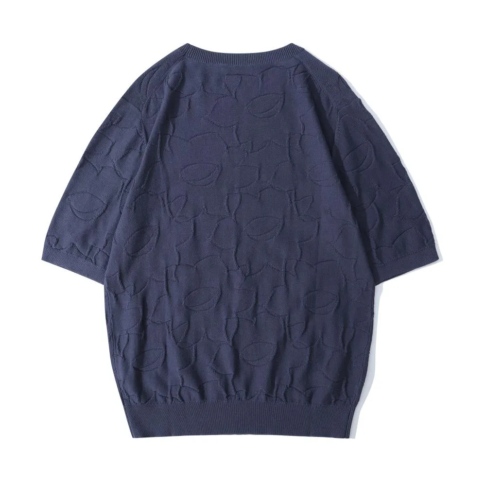 Crew Neck Summer Knit Top - Navy Crowded Daffodils