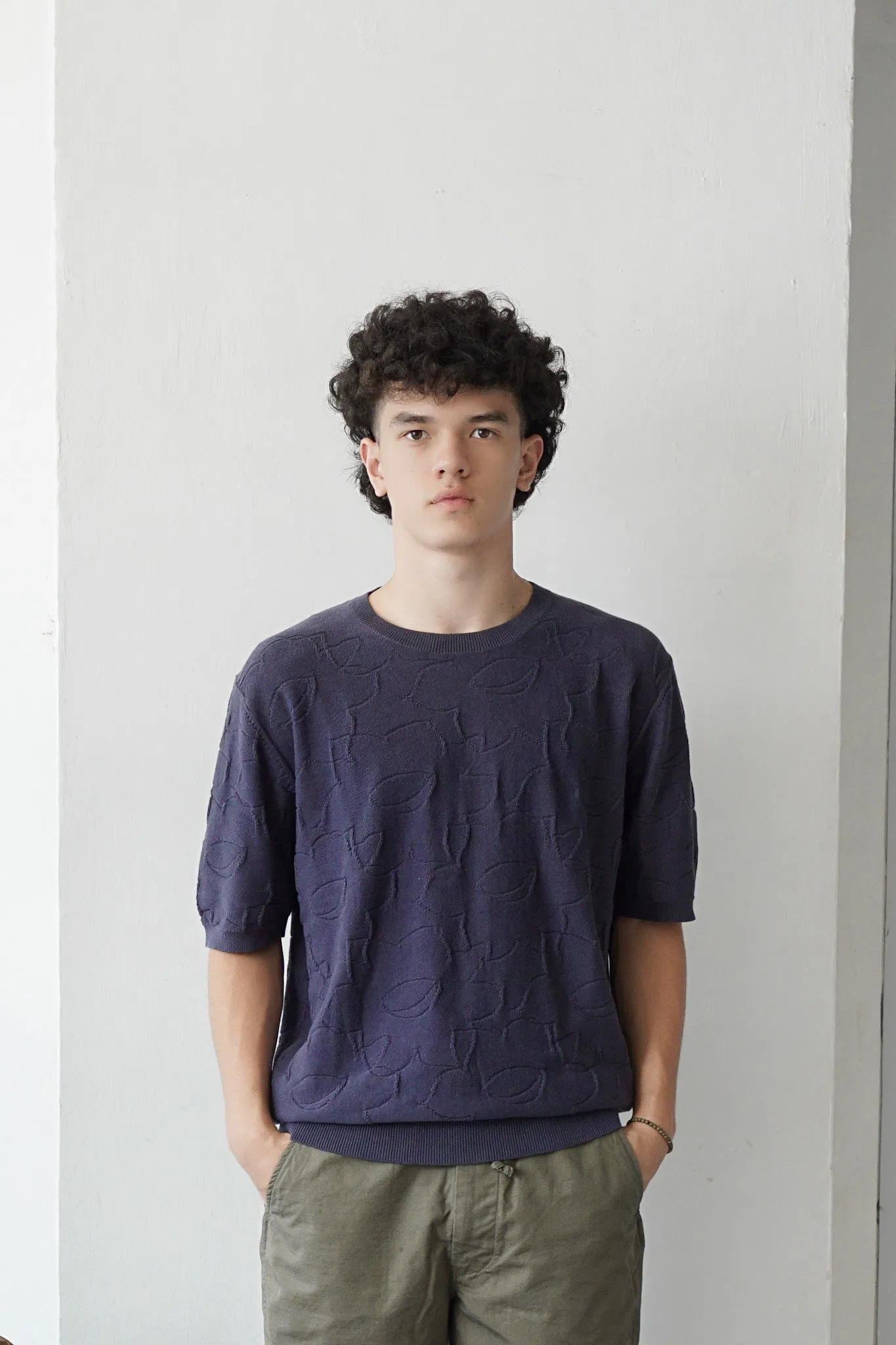 Crew Neck Summer Knit Top - Navy Crowded Daffodils