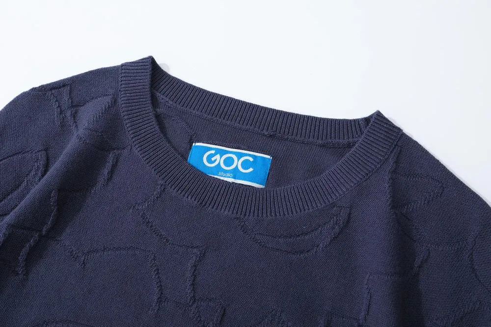 Crew Neck Summer Knit Top - Navy Crowded Daffodils