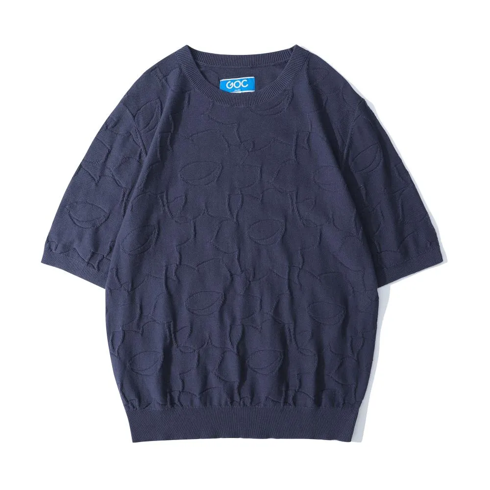 Crew Neck Summer Knit Top - Navy Crowded Daffodils