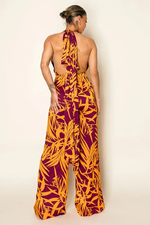 Crinkle Satin Multi Tieable Slvless Jumpsuit Burgundy