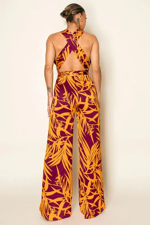 Crinkle Satin Multi Tieable Slvless Jumpsuit Burgundy