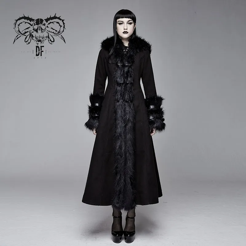 CT12601 winter sexy women black Gothic double-faced woolen hooded long coat with fur