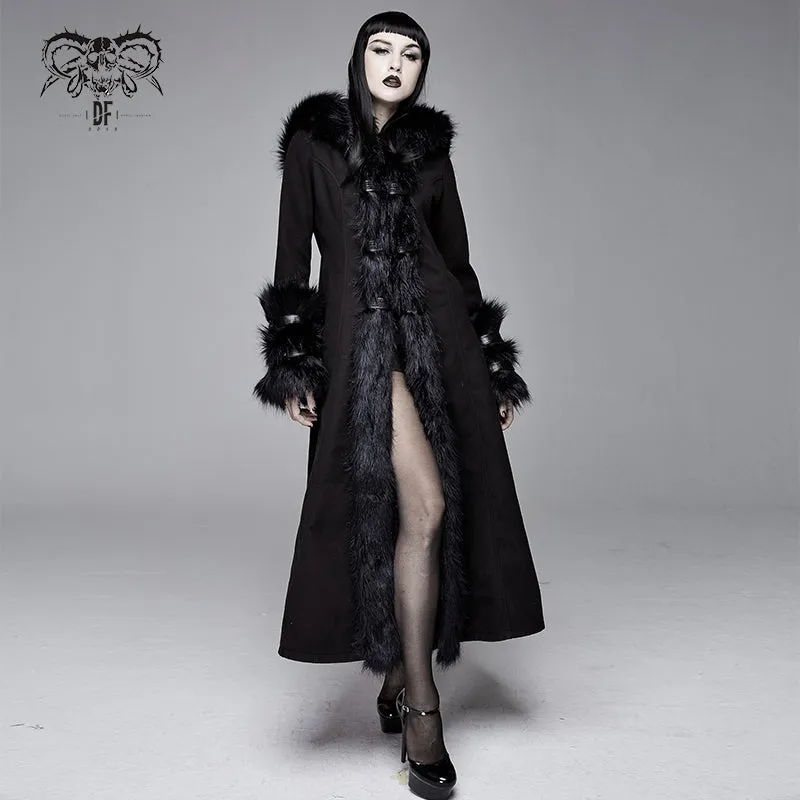 CT12601 winter sexy women black Gothic double-faced woolen hooded long coat with fur