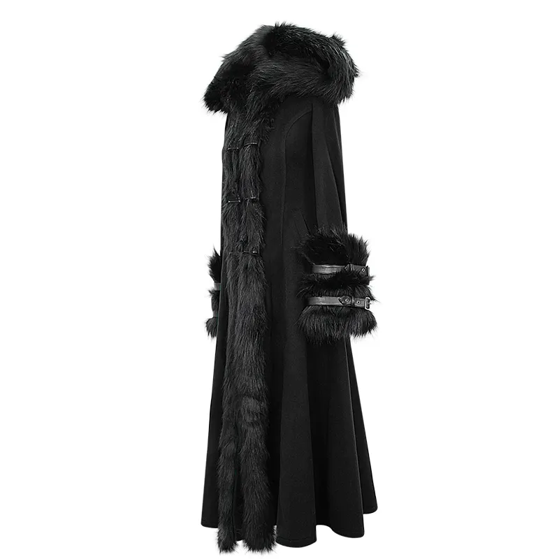 CT12601 winter sexy women black Gothic double-faced woolen hooded long coat with fur