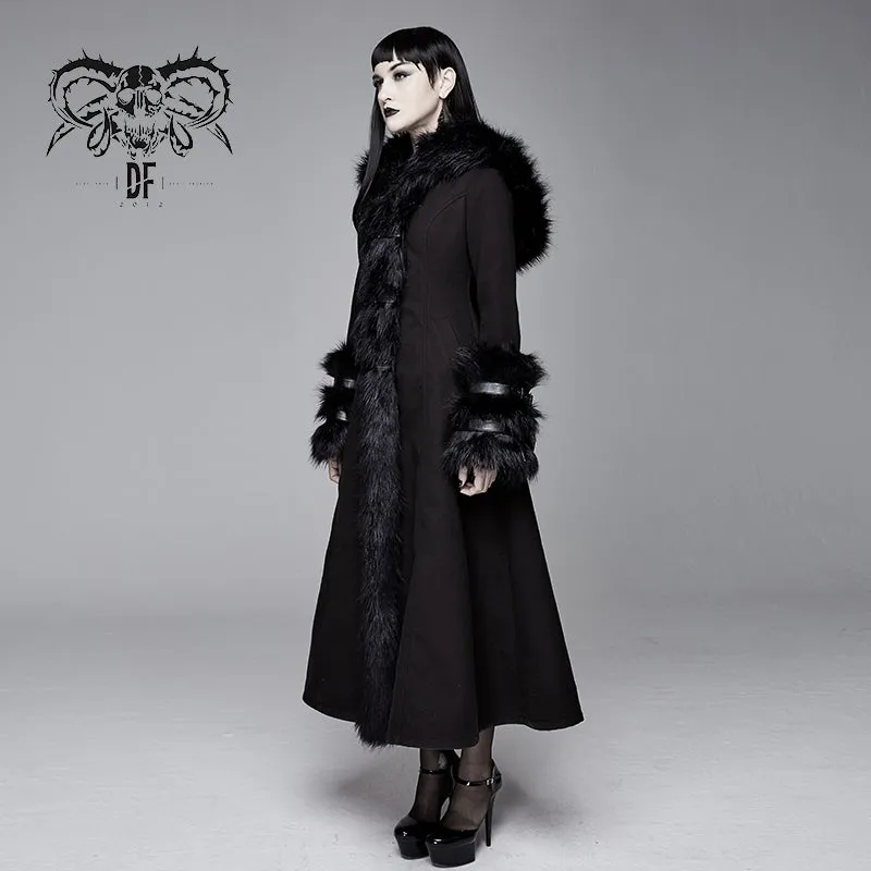 CT12601 winter sexy women black Gothic double-faced woolen hooded long coat with fur