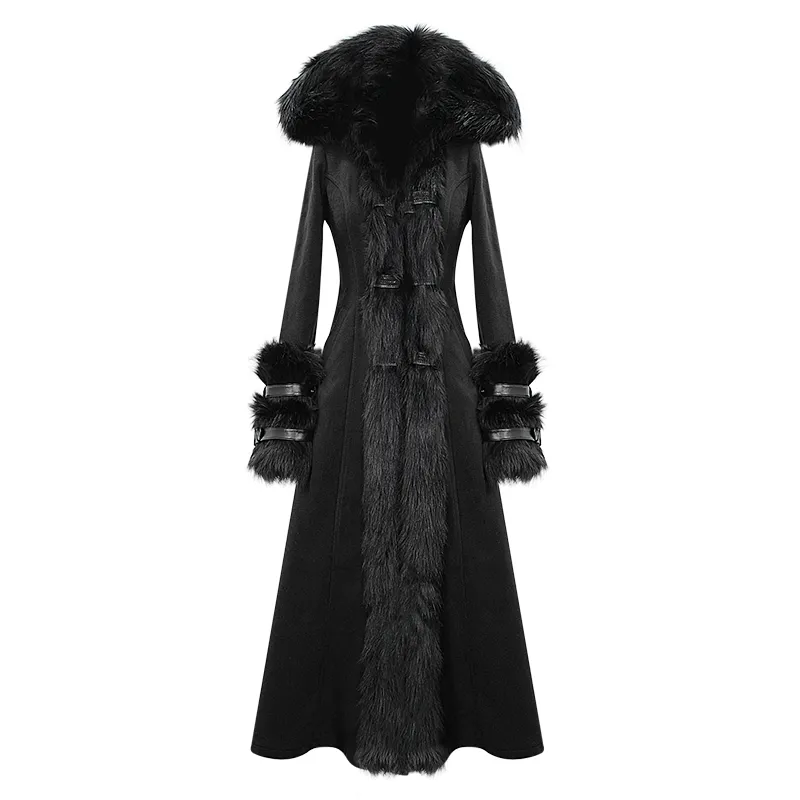 CT12601 winter sexy women black Gothic double-faced woolen hooded long coat with fur
