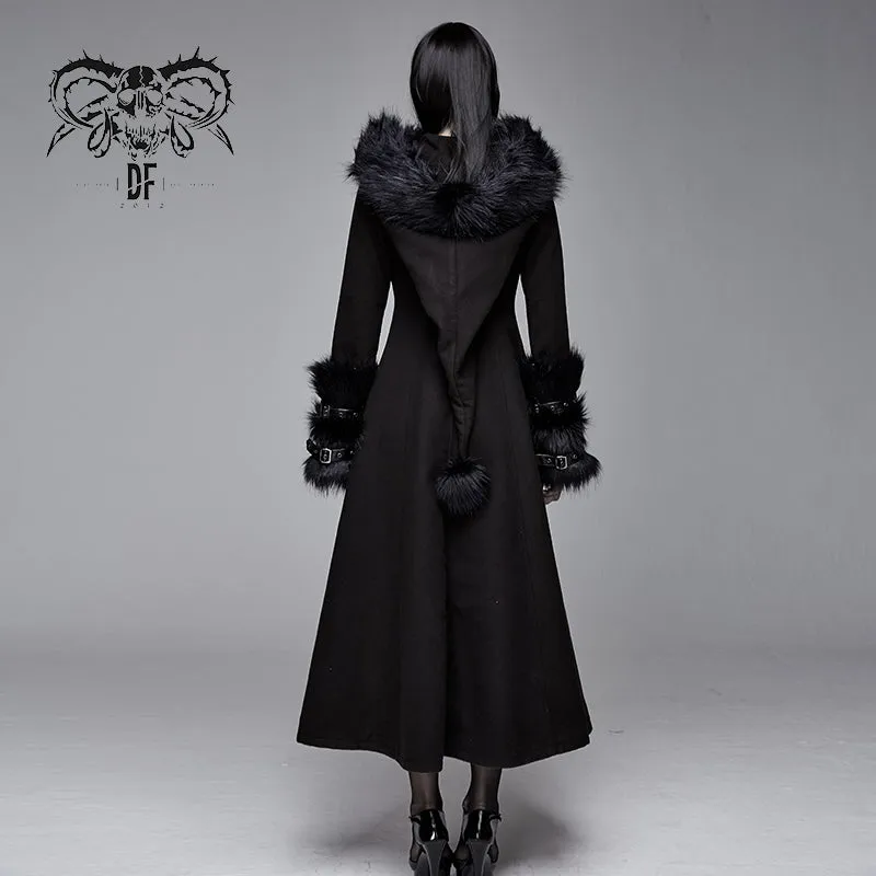 CT12601 winter sexy women black Gothic double-faced woolen hooded long coat with fur