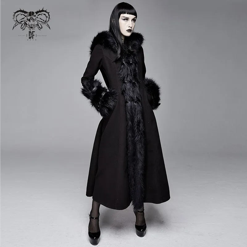 CT12601 winter sexy women black Gothic double-faced woolen hooded long coat with fur