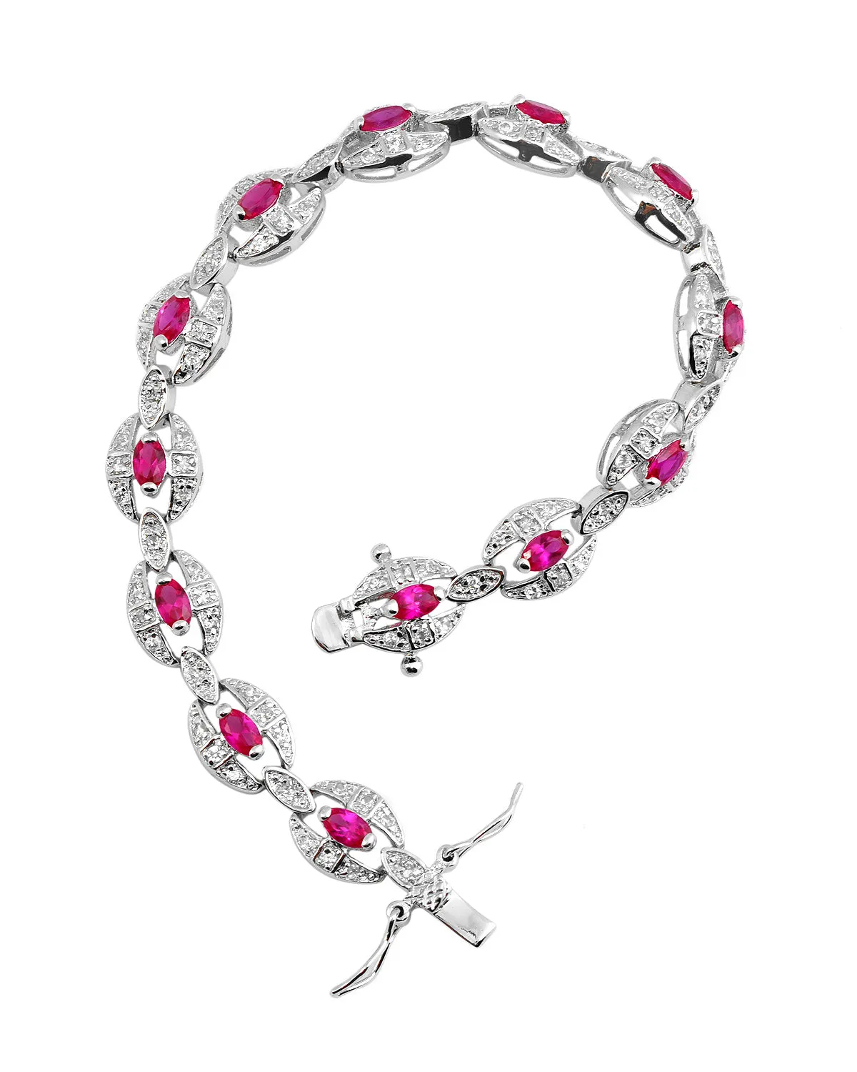 Cubic Zirconia Sterling Silver Red Cubic Zirconia Link Fashion Bracelet