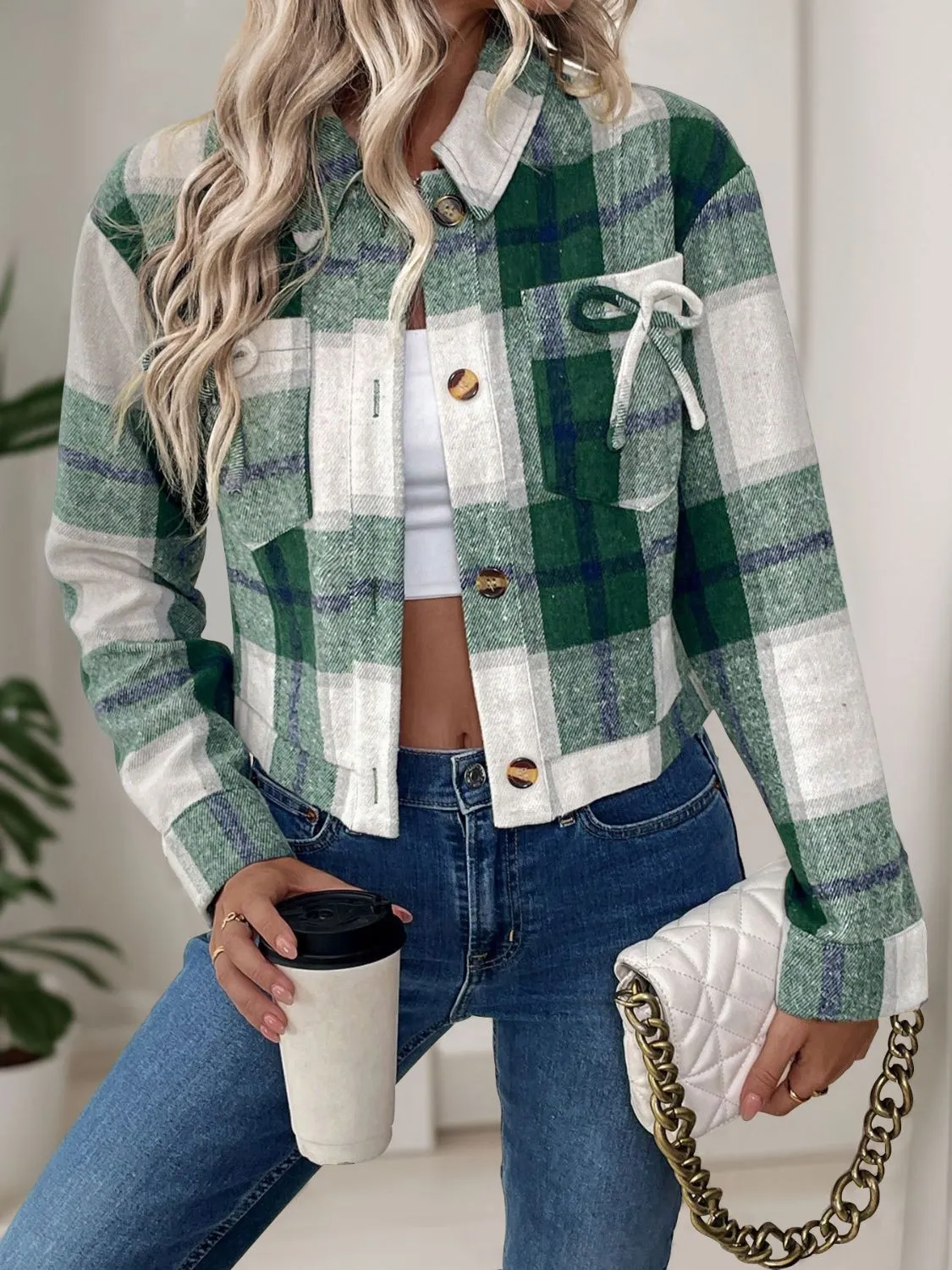 Dark Green Color Block Button Up Jacket | Fall Outerwear | Winter Coat