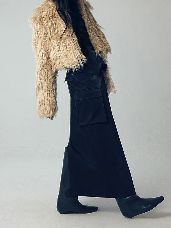 Denim Leather Straight Long Skirt
