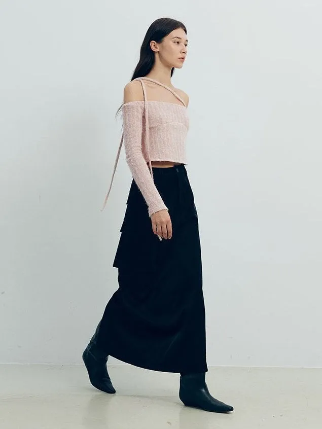 Denim Leather Straight Long Skirt