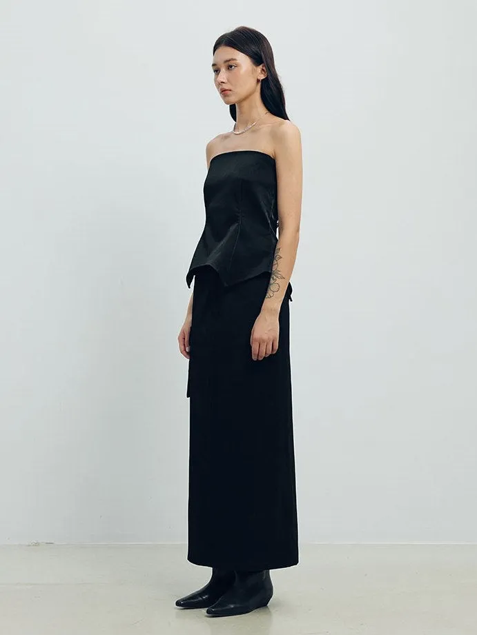 Denim Leather Straight Long Skirt