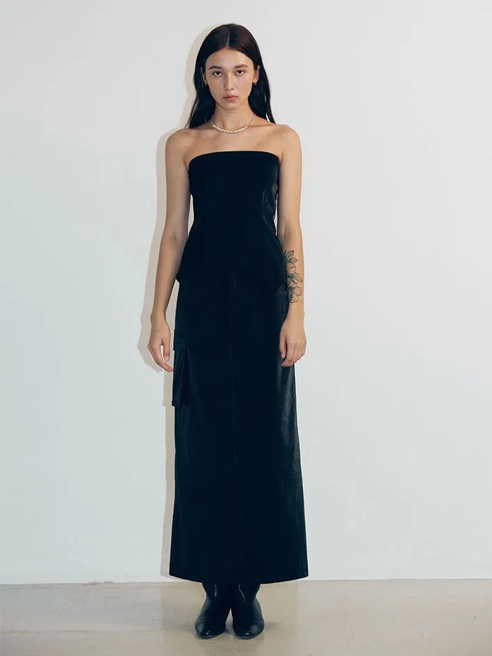 Denim Leather Straight Long Skirt