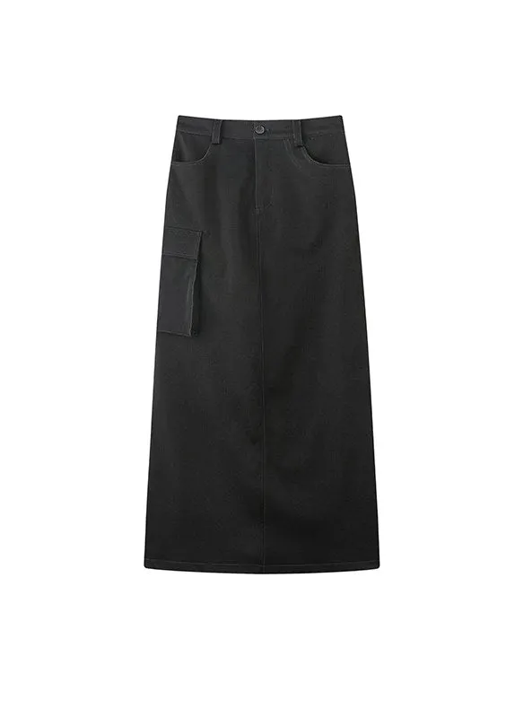 Denim Leather Straight Long Skirt