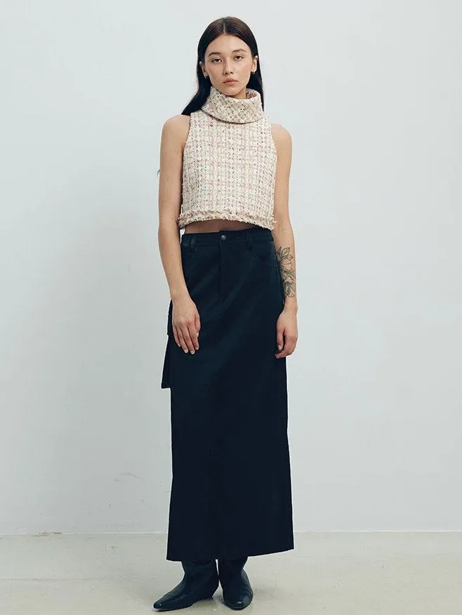 Denim Leather Straight Long Skirt