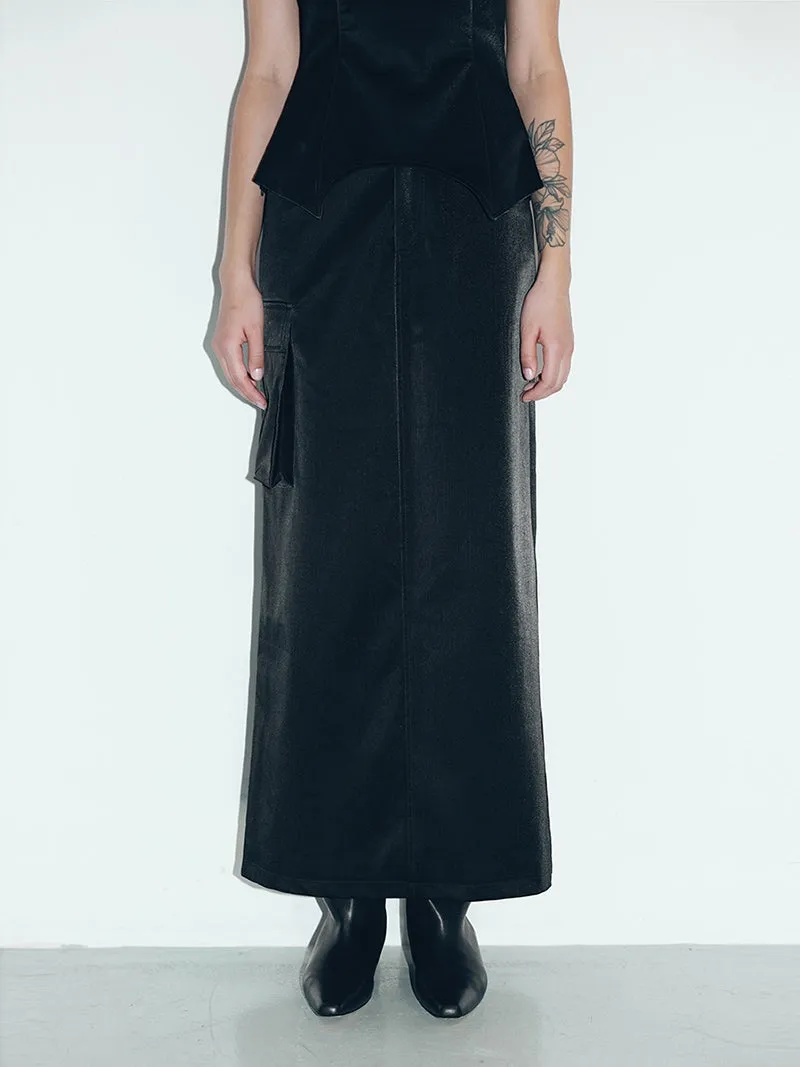 Denim Leather Straight Long Skirt