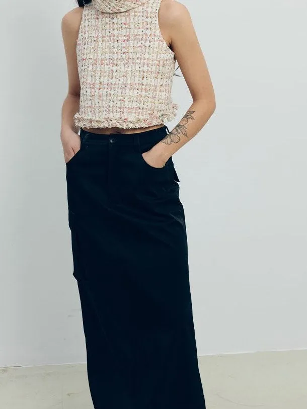 Denim Leather Straight Long Skirt