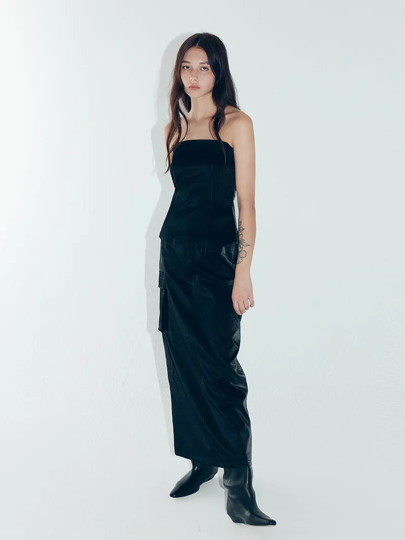 Denim Leather Straight Long Skirt