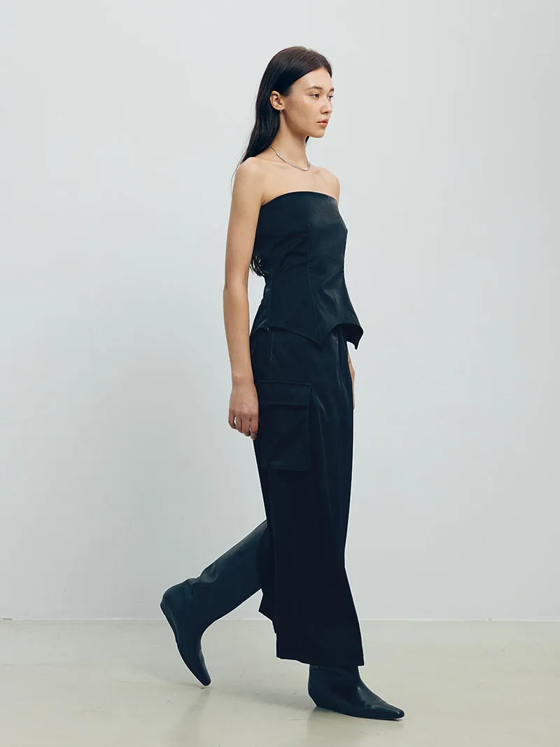 Denim Leather Straight Long Skirt
