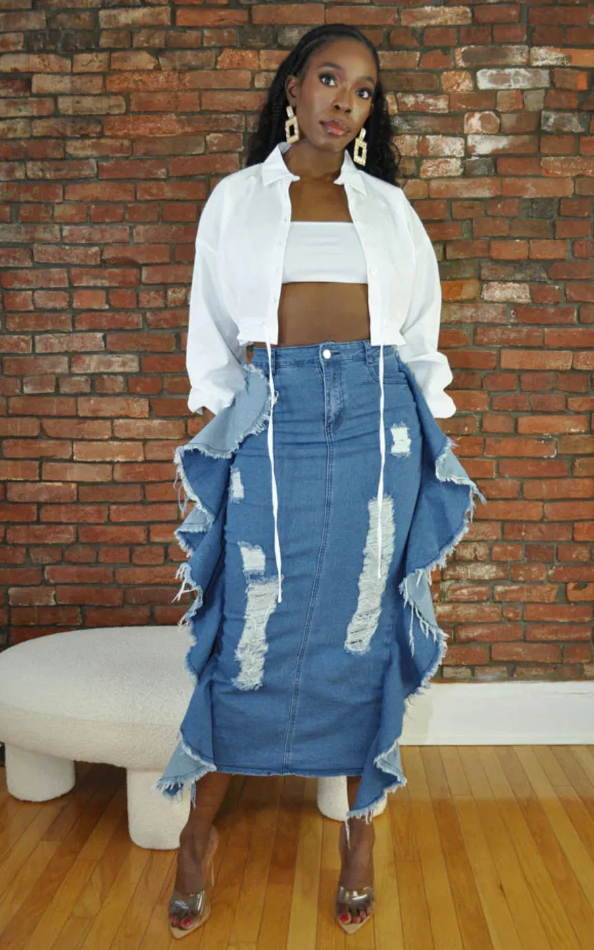 Distressed Denim Maxi Skirt
