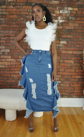 Distressed Denim Maxi Skirt