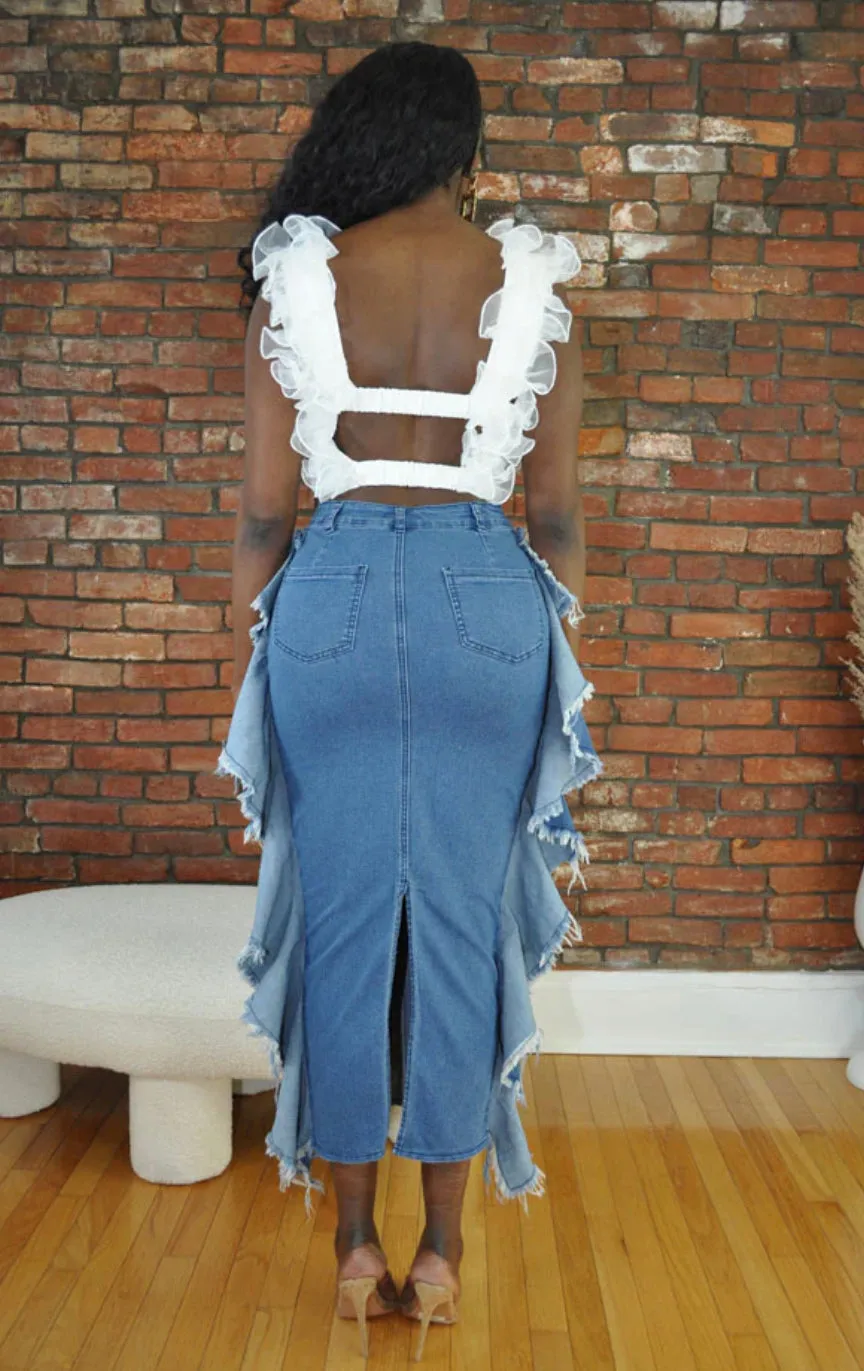 Distressed Denim Maxi Skirt