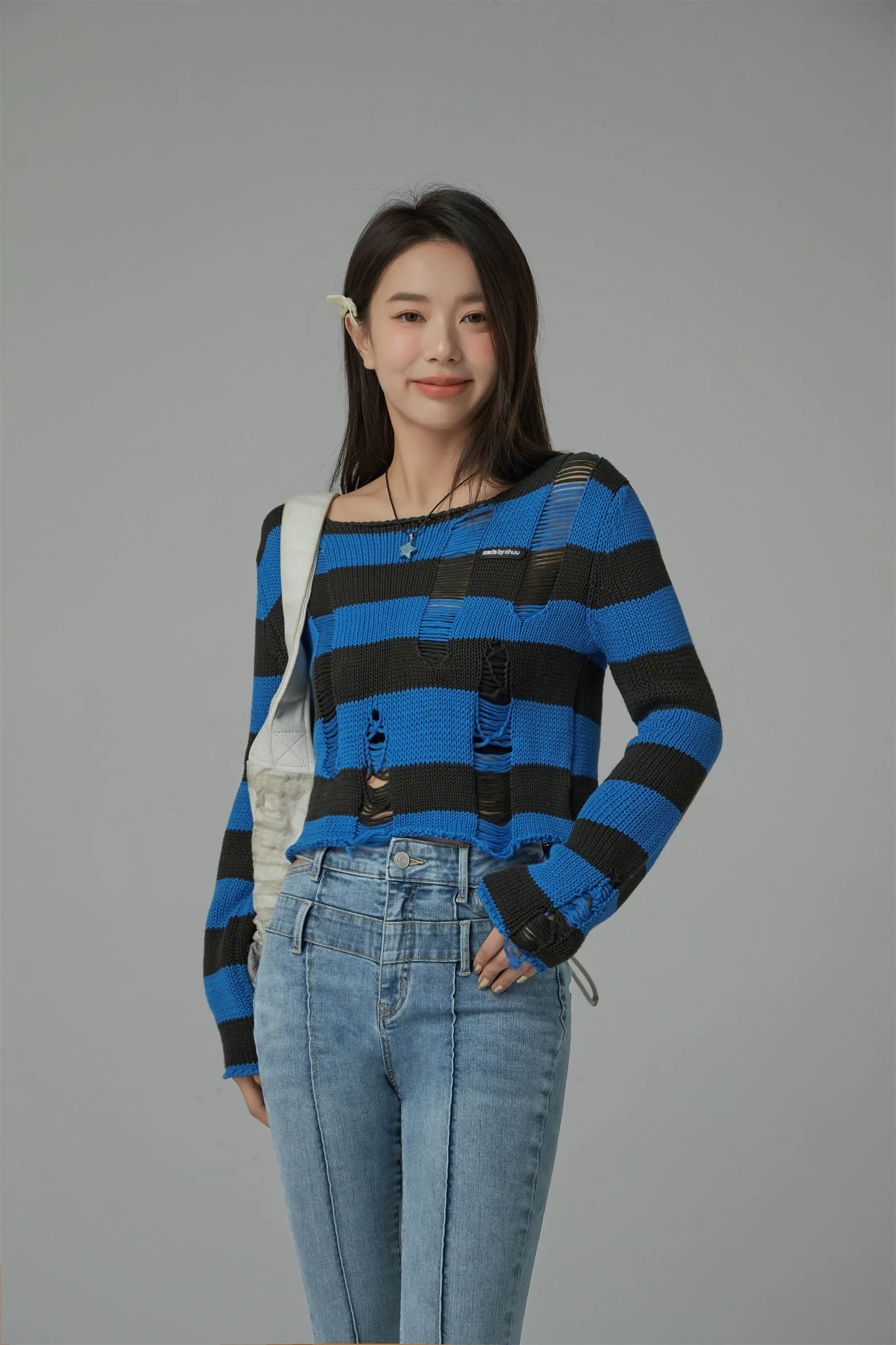 Distressed Stripe Crop Knit Top