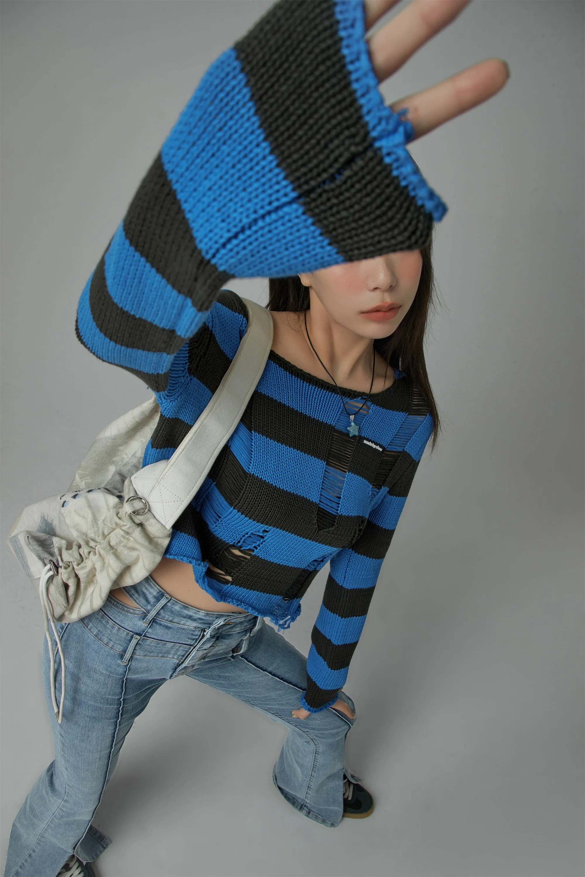 Distressed Stripe Crop Knit Top