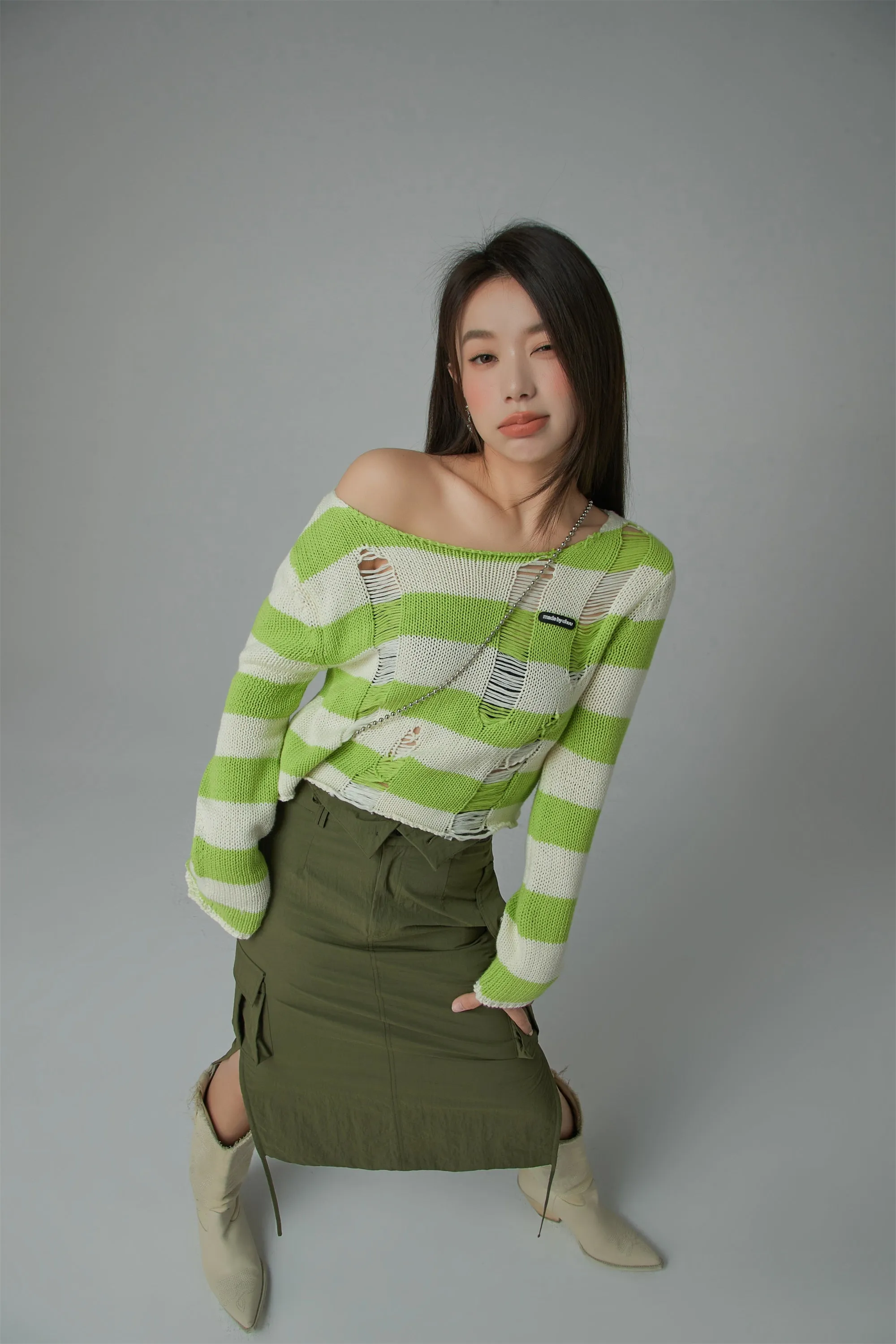 Distressed Stripe Crop Knit Top