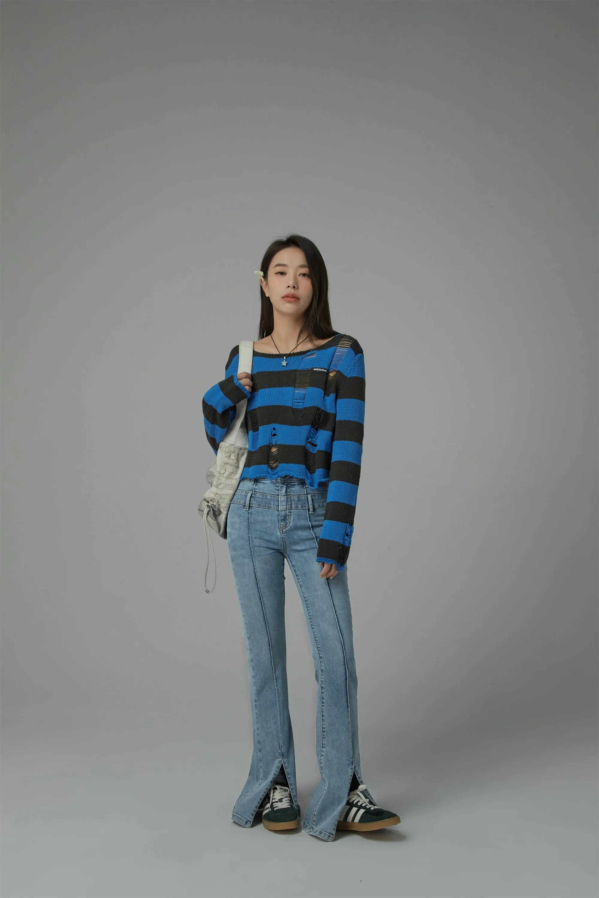 Distressed Stripe Crop Knit Top