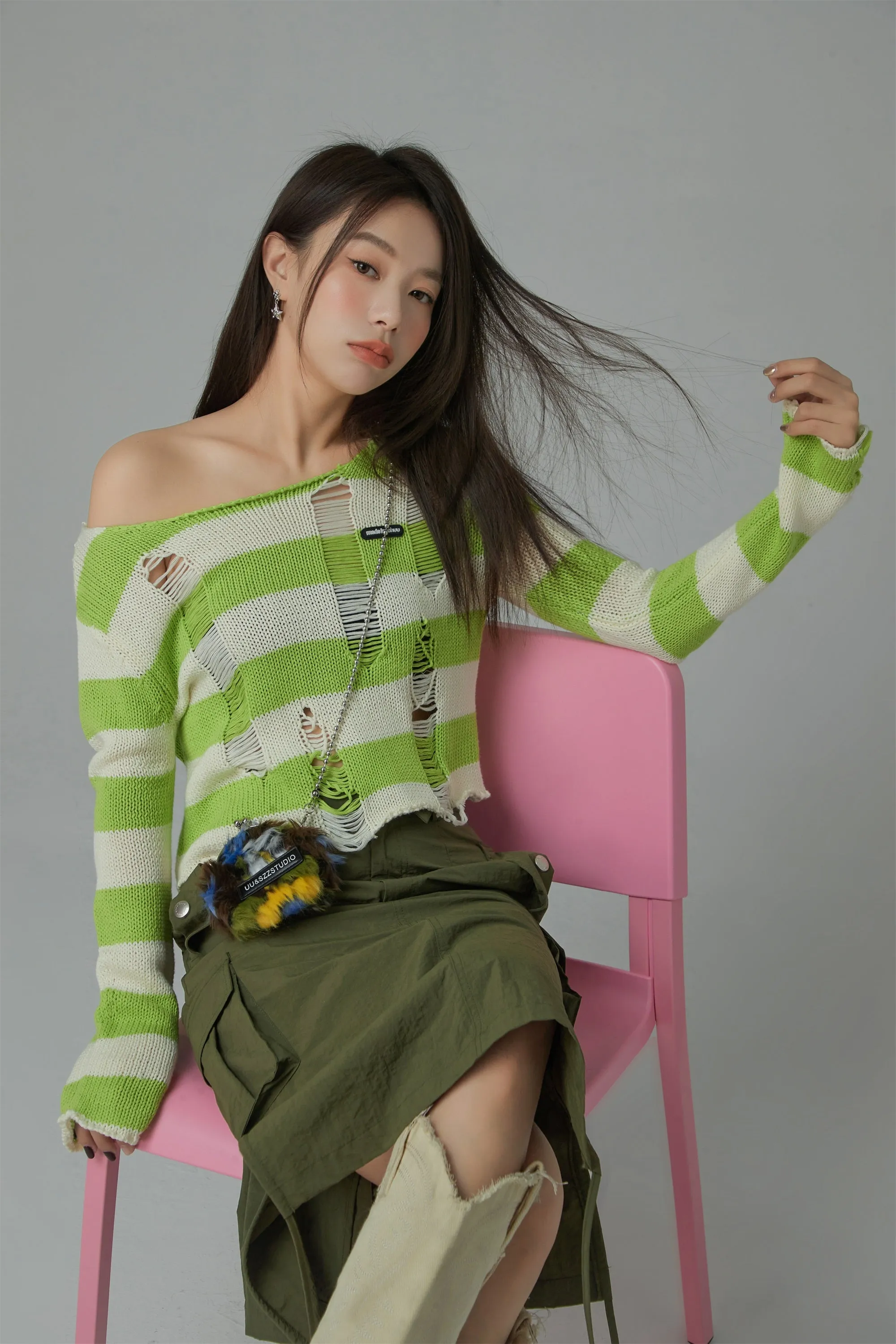 Distressed Stripe Crop Knit Top