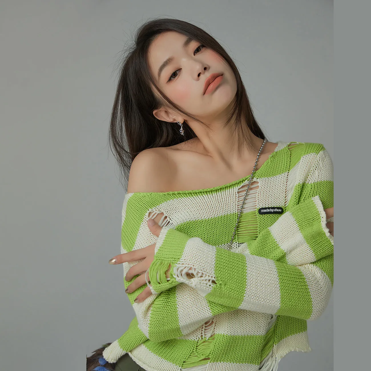 Distressed Stripe Crop Knit Top