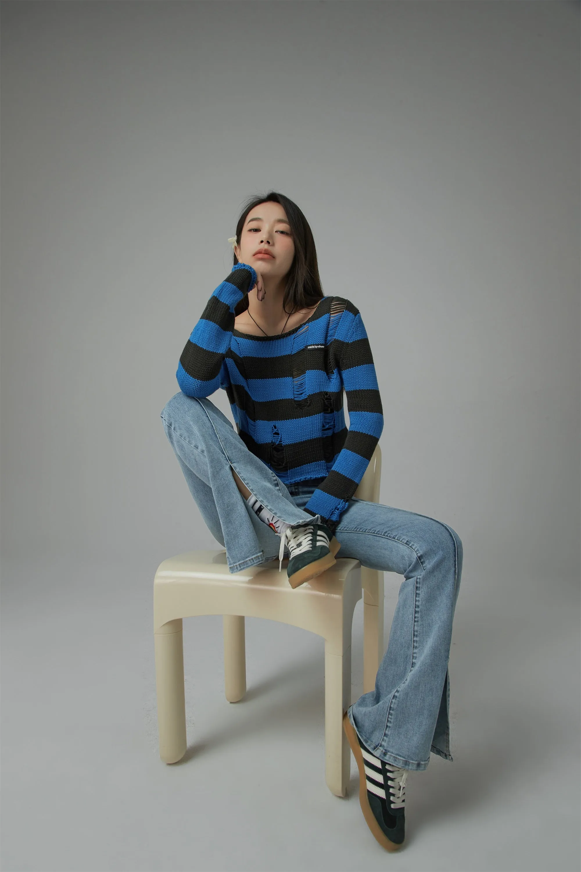 Distressed Stripe Crop Knit Top