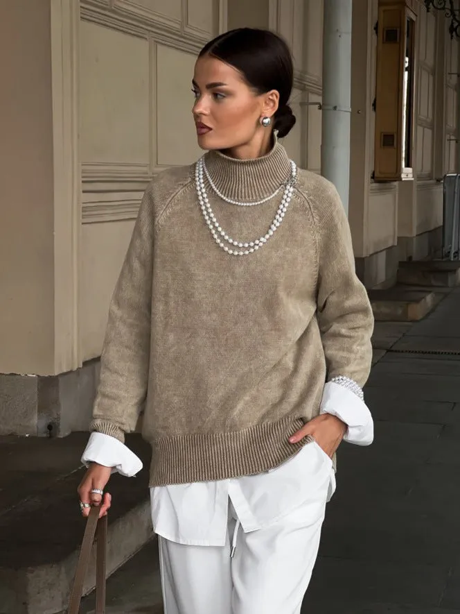 Distressed Turtleneck Pullover Sweater