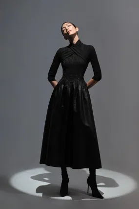 Elegant high cross neck black midid dress- Alexandra