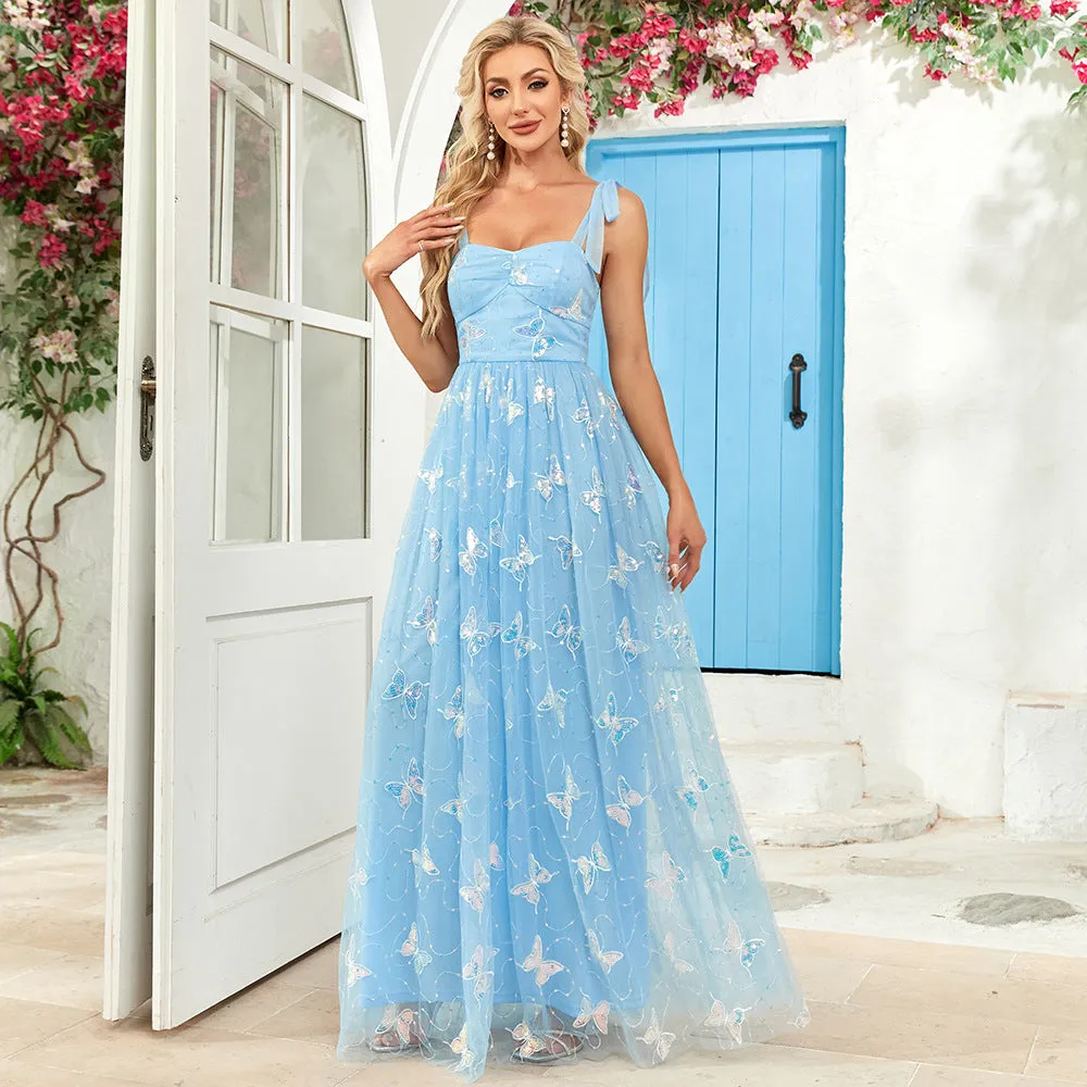 Elegant Lace up Mesh Embroidery Butterfly Pattern Evening Dress