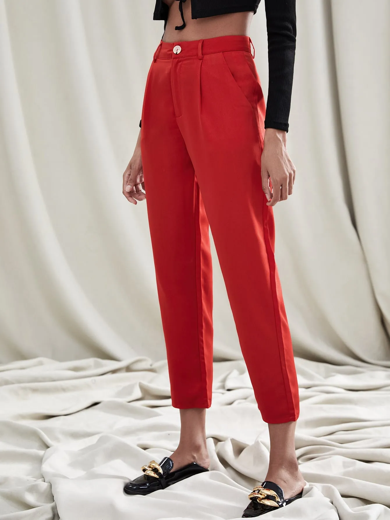 Elegant Plain Zipper Natural Cropped Women Pants