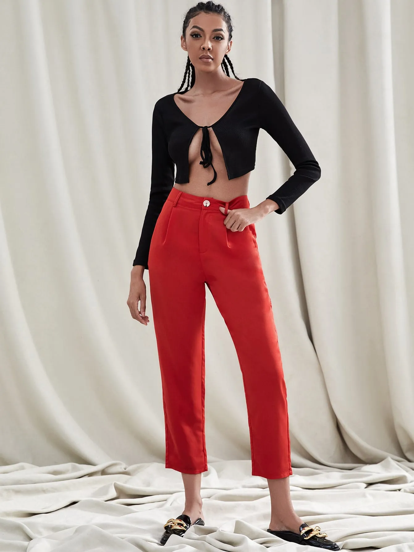 Elegant Plain Zipper Natural Cropped Women Pants