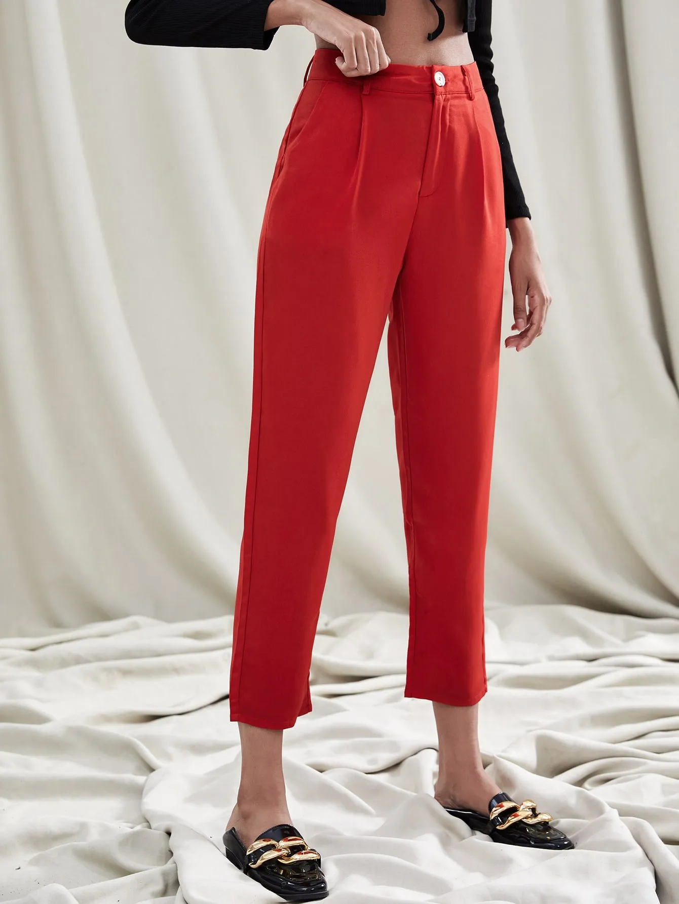 Elegant Plain Zipper Natural Cropped Women Pants