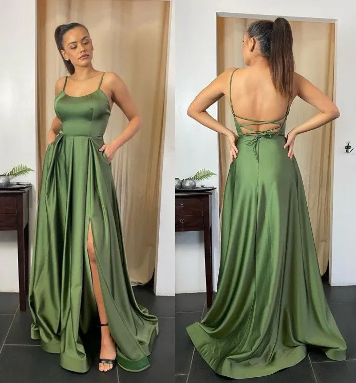 Elegant Spaghetti-Straps Long Prom Dress Split With Pocket      fg374