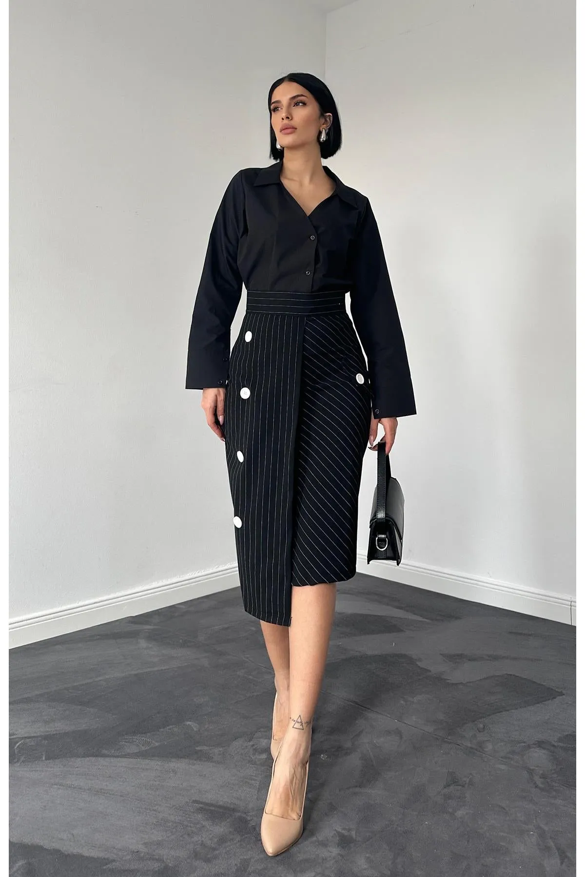 ELS Striped Polyviscose Skirt - Black - Kentwood